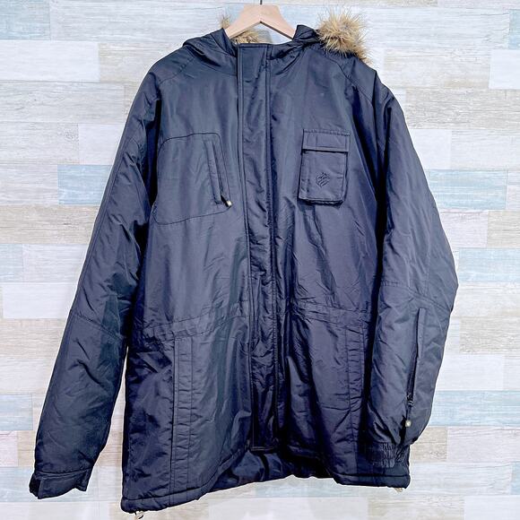 Rocawear Vintage 90s Y2K Nylon Parka Jacket Black Faux Fur Hooded Mens 2XL XXL